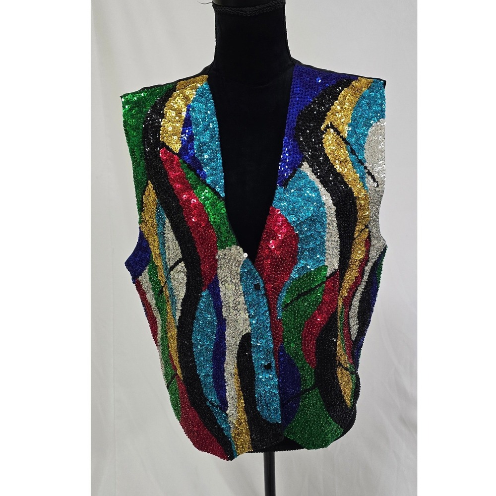 Vtg JC‎ Seq Raninbow sequin vest women XL Rodeo queen western costume dance